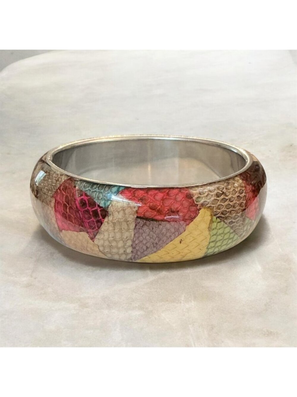 Quilted Snake Skin Design Bangle Bracelet - Multicolor Patchwork Style 2.5" Diam